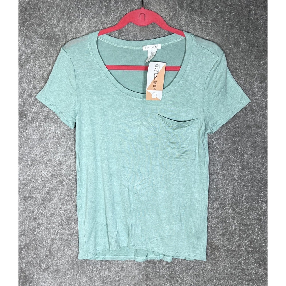 Honey & Lace Pocket Tee Womens Size S Green Stretch Scoop Neck USA Made NEW